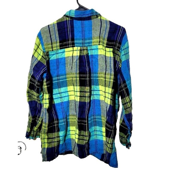 Chicos Design Womens sz 3 multicolored plaid linen button long sleeve side slits - Picture 2 of 9